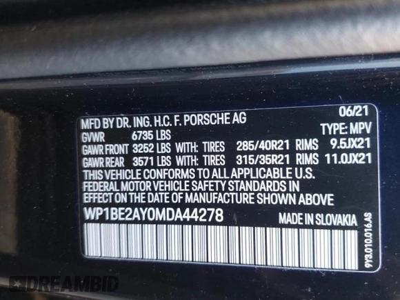 2021 Porsche Cayenne E-Hybrid Hybrid with VIN WP1BE2AY0MDA44278, listed as a Copart auction lot 53202492 with Not provided miles and . Bid and sale history available at DreamBid. Image 10.