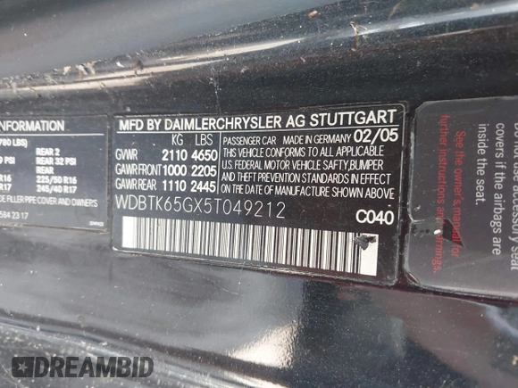 2005 Mercedes-Benz CLK 320 с VIN WDBTK65GX5T049212, выставлен на аукционе IAAI как лот 42661855 с пробегом Не указан миль и . История ставок и продаж доступна на DreamBid. Изображение 9.