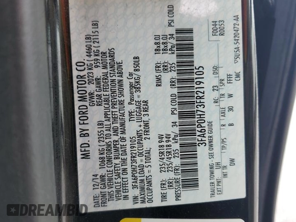 2015 Ford Fusion SE with VIN 3FA6P0H73FR219105, listed as a Copart auction lot 53062675 with 90,108 mi miles and Salvage Title. Bid and sale history available at carsss.com. Image 14.