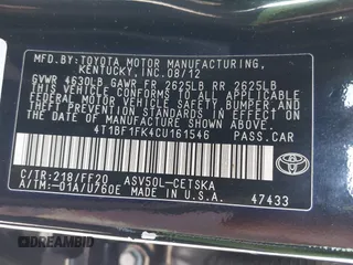 2012 Toyota Camry L with VIN 4T1BF1FK4CU161546, listed as a IAAI auction lot 42018021 with 158,825 mi miles and . Bid and sale history available at DreamBid. Image 9.