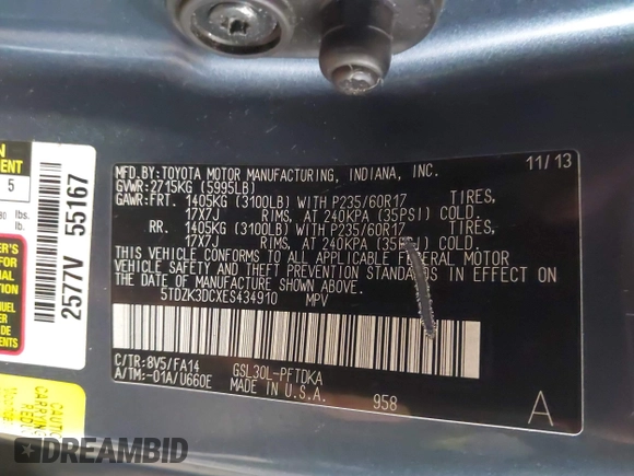 2014 Toyota Sienna L with VIN 5TDZK3DCXES434910, listed as a IAAI auction lot 41731864 with 146,161 mi miles. Bid and sale history available at carsss.com. Image 9.
