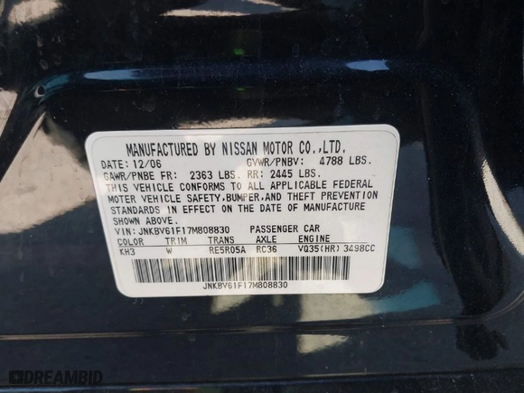 2007 Infiniti G35 Sedan G35x with VIN JNKBV61F17M808830, listed as a IAAI auction lot 42010110 with 237,881 mi miles. Bid and sale history available at carsss.com. Image 9.