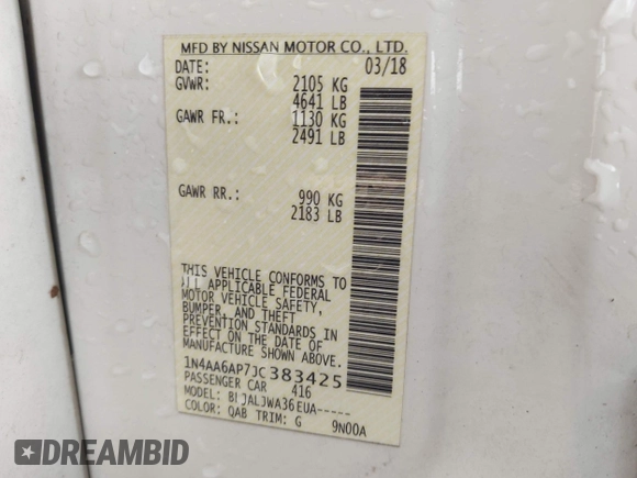 2018 Nissan Maxima S with VIN 1N4AA6AP7JC383425, listed as a IAAI auction lot 41962455 with 133,150 mi miles and . Bid and sale history available at DreamBid. Image 9.