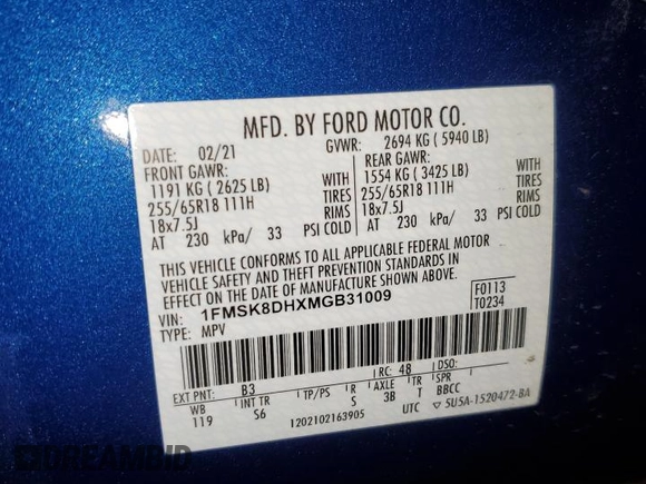 2021 Ford Explorer XLT with VIN 1FMSK8DHXMGB31009, listed as a Copart auction lot 48976155 with 73,960 mi miles and Non Repairable. Bid and sale history available at DreamBid. Image 14.