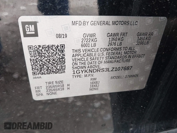 2020 Cadillac XT5 Premium Luxury AWD with VIN 1GYKNDRS3LZ107687, listed as a IAAI auction lot 41887306 with 54,959 mi miles and . Bid and sale history available at DreamBid. Image 9.
