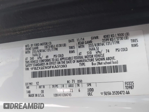 2015 Ford Transit XL with VIN 1FBZX2ZM3FKA31393, listed as a IAAI auction lot 41371347 with 53,639 mi miles and . Bid and sale history available at DreamBid. Image 9.