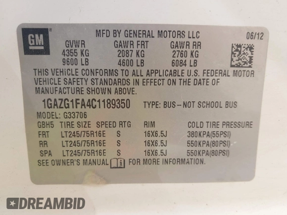 2012 Chevrolet Express Passenger 1LT z VIN 1GAZG1FA4C1189350, wystawiony jako IAAI lot #42246336 z przebiegiem 239 216 mil mil oraz . Historia ofert i sprzedaży dostępna na DreamBid. Obrazek 9.