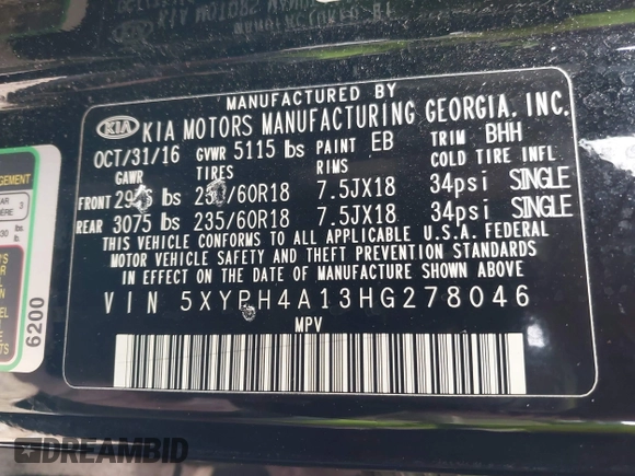 2017 Kia Sorento EX with VIN 5XYPH4A13HG278046, listed as a IAAI auction lot 41542435 with 92,137 mi miles and . Bid and sale history available at DreamBid. Image 9.