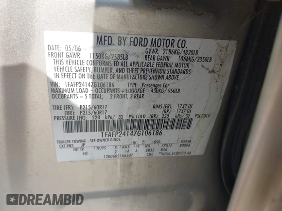 2007 Ford Five Hundred SEL with VIN 1FAFP24147G106186, listed as a IAAI auction lot 41905358 with Not Provided miles. Bid and sale history available at carsss.com. Image 9.