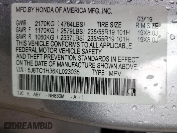 2019 Acura RDX with VIN 5J8TC1H36KL023035, listed as a Copart auction lot 60521305 with 44,578 mi miles and Salvage title. Bid and sale history available at DreamBid. Image 13.
