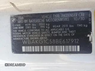 2011 BMW 3 Series 335is with VIN WBAKG1C58BE617912, listed as a Copart auction lot 55676865 with Not provided miles and Salvage title. Bid and sale history available at DreamBid. Image 12.