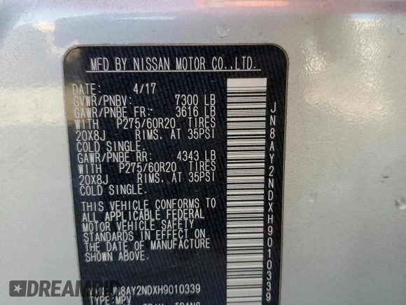 2017 Nissan Armada Platinum z VIN JN8AY2NDXH9010339, wystawiony jako Copart lot #47546625 z przebiegiem Nie podano mil oraz Szkoda całkowita • Salvage title. Historia ofert i sprzedaży dostępna na DreamBid. Obrazek 13.