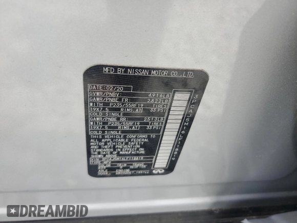 2020 Infiniti QX50 Luxe with VIN 3PCAJ5M16LF118819, listed as a Copart auction lot 55200135 with Not provided miles and Salvage title. Bid and sale history available at DreamBid. Image 13.