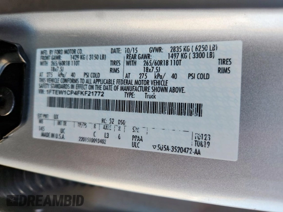 2015 Ford F-150 XL with VIN 1FTEW1CP4FKF21772, listed as a Copart auction lot 62910215 with 216,289 mi miles and Clean title. Bid and sale history available at DreamBid. Image 12.