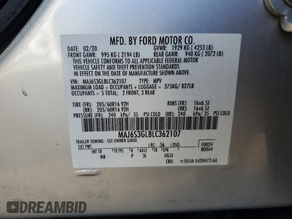 2020 Ford EcoSport SE with VIN MAJ6S3GL8LC362107, listed as a Copart auction lot 83785974 with 38,970 mi miles and Salvage Title. Bid and sale history available at carsss.com. Image 12.