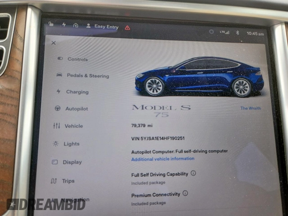 2017 Tesla Model S 60 с VIN 5YJSA1E14HF190251, выставлен на аукционе Copart как лот 63648045 с пробегом 79 379 миль миль и Списание • Salvage title. История ставок и продаж доступна на DreamBid. Изображение 9.