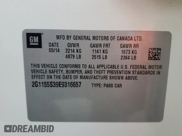 2014 Chevrolet Impala LTZ with VIN 2G1155S39E9316657, listed as a Copart auction lot 52232375 with 122,512 mi miles and Salvage Title. Bid and sale history available at DreamBid. Image 14.