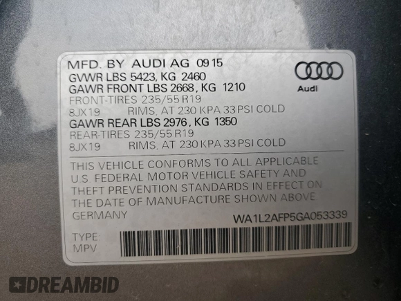 2016 Audi Q5 Premium Plus with VIN WA1L2AFP5GA053339, listed as a Copart auction lot 58703355 with 69,429 mi miles and Salvage title. Bid and sale history available at DreamBid. Image 12.