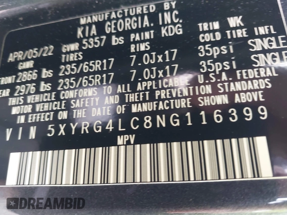 2022 Kia Sorento LX with VIN 5XYRG4LC8NG116399, listed as a IAAI auction lot 42074234 with 58,217 mi miles and . Bid and sale history available at DreamBid. Image 9.
