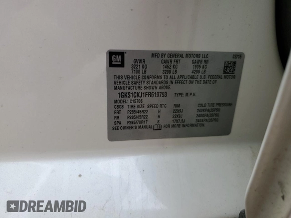 2015 GMC Yukon Denali with VIN 1GKS1CKJ1FR619793, listed as a Copart auction lot 86910314 with 128,559 mi miles and Salvage Title. Bid and sale history available at carsss.com. Image 15.