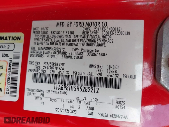 2017 Ford Mustang EcoBoost с VIN 1FA6P8TH5H5282212, выставлен на аукционе IAAI как лот 42109421 с пробегом 186 391 миль миль и . История ставок и продаж доступна на DreamBid. Изображение 9.