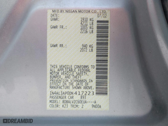 2013 Nissan Altima 2.5 SL with VIN 1N4AL3AP0DN417223, listed as a IAAI auction lot 41888931 with 230,608 mi miles. Bid and sale history available at carsss.com. Image 9.
