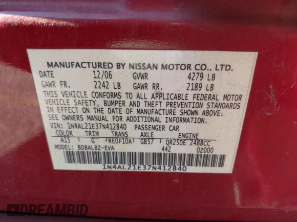 2007 Nissan Altima 2.5 with VIN 1N4AL21E37N412840, listed as a IAAI auction lot 42017823 with 186,584 mi miles. Bid and sale history available at carsss.com. Image 9.