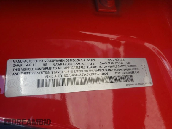 2011 Volkswagen Jetta Sedan SE w/Convenience & Sunroof PZEV with VIN 3VWDZ7AJXBM371896, listed as a Copart auction lot 39612552 with 200,128 mi miles and Salvage Title. Bid and sale history available at carsss.com. Image 10.