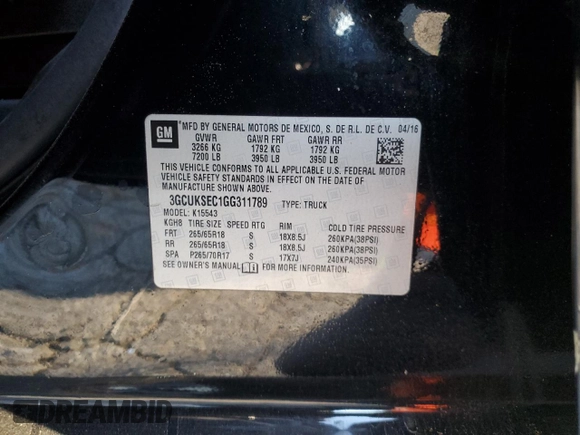2016 Chevrolet Silverado 1500 LTZ with VIN 3GCUKSEC1GG311789, listed as a Copart auction lot 46133745 with Not Provided miles and Salvage Title. Bid and sale history available at DreamBid. Image 12.