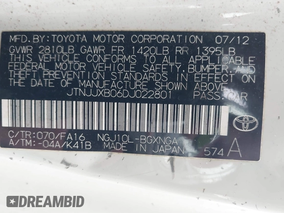 2013 Scion iQ with VIN JTNJJXB06DJ022801, listed as a IAAI auction lot 42152740 with Not provided miles and . Bid and sale history available at DreamBid. Image 9.