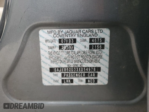 2003 Jaguar X-Type z VIN SAJEB52D33XD54978, wystawiony jako Copart lot #58027805 z przebiegiem Nie podano mil oraz Szkoda całkowita • Salvage title. Historia ofert i sprzedaży dostępna na DreamBid. Obrazek 12.