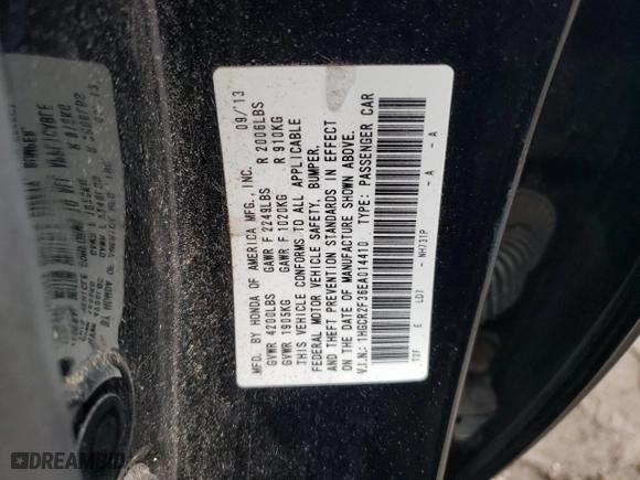2014 Honda Accord Sedan LX with VIN 1HGCR2F36EA014410, listed as a Copart auction lot 52417915 with 55,731 mi miles and Salvage Title. Bid and sale history available at carsss.com. Image 12.
