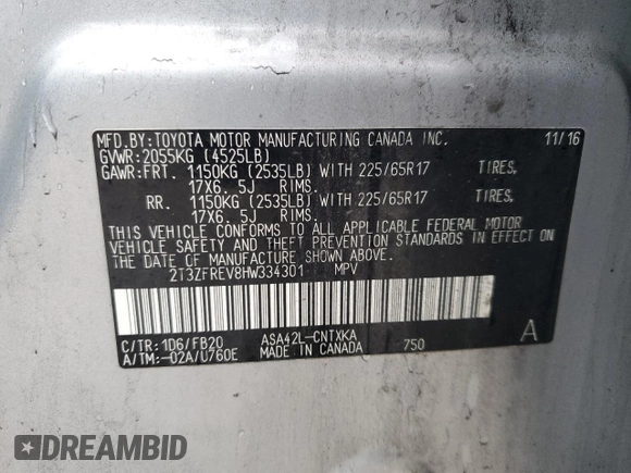 2017 Toyota RAV4 LE with VIN 2T3ZFREV8HW334301, listed as a Copart auction lot 43437355 with 95,092 mi miles and Salvage Title. Bid and sale history available at DreamBid. Image 15.