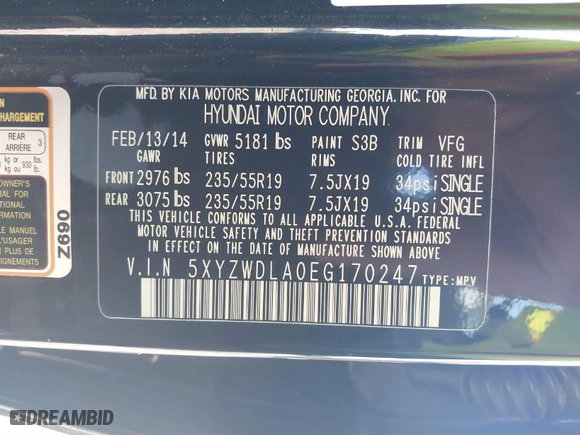 2014 Hyundai Santa Fe Sport with VIN 5XYZWDLA0EG170247, listed as a IAAI auction lot 41696985 with 152,515 mi miles. Bid and sale history available at carsss.com. Image 9.