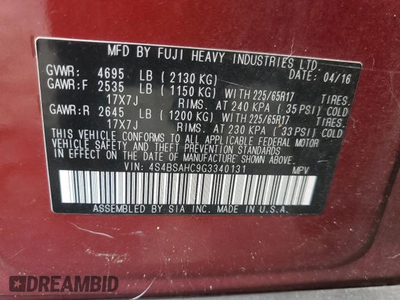 2016 Subaru Outback Premium with VIN 4S4BSAHC9G3340131, listed as a Copart auction lot 64992974 with 98,121 mi miles and Salvage title. Bid and sale history available at DreamBid. Image 12.