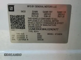 2018 Chevrolet Traverse Premier with VIN 1GNERKKW4JJ242477, listed as a Copart auction lot 50453125 with 133,698 mi miles and Salvage Title. Bid and sale history available at carsss.com. Image 13.