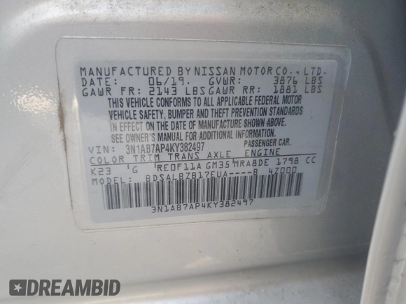 2019 Nissan Sentra SV with VIN 3N1AB7AP4KY382497, listed as a Copart auction lot 47127395 with 36,654 mi miles and Salvage Title. Bid and sale history available at DreamBid. Image 12.
