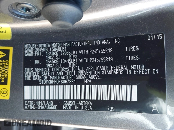 2015 Toyota Highlander Limited with VIN 5TDYKRFH0FS067881, listed as a IAAI auction lot 41272012 with 94,423 mi miles and . Bid and sale history available at DreamBid. Image 9.