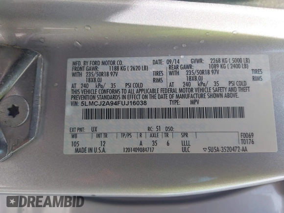 2015 Lincoln MKC with VIN 5LMCJ2A94FUJ16038, listed as a IAAI auction lot 42057400 with 102,848 mi miles. Bid and sale history available at carsss.com. Image 9.