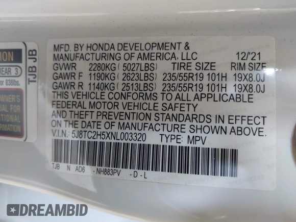 2022 Acura RDX Technology with VIN 5J8TC2H5XNL003320, listed as a IAAI auction lot 42562203 with 26,772 mi miles and . Bid and sale history available at DreamBid. Image 9.