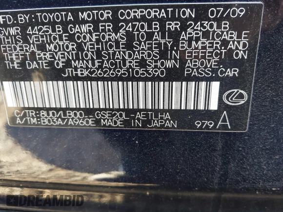2009 Lexus IS 250 with VIN JTHBK262695105390, listed as a IAAI auction lot 41373344 with 215,356 mi miles. Bid and sale history available at carsss.com. Image 9.