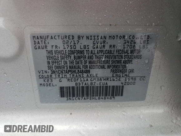 2017 Nissan Versa SV with VIN 3N1CN7AP5HL848489, listed as a Copart auction lot 59618045 with 83,561 mi miles and Salvage title. Bid and sale history available at DreamBid. Image 12.