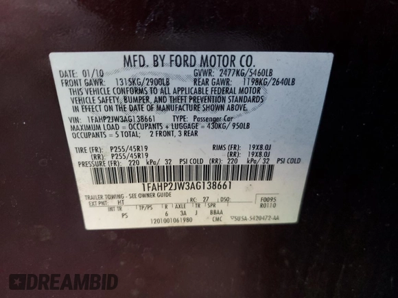 2010 Ford Taurus Limited z VIN 1FAHP2JW3AG138661, wystawiony jako Copart lot #42537345 z przebiegiem 177 869 mil mil oraz Szkoda całkowita • Salvage title. Historia ofert i sprzedaży dostępna na DreamBid. Obrazek 12.