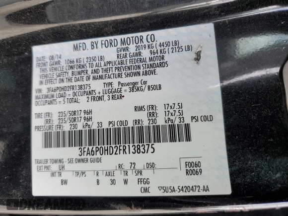 2015 Ford Fusion SE with VIN 3FA6P0HD2FR138375, listed as a Copart auction lot 56060235 with 133,126 mi miles and Salvage Title. Bid and sale history available at DreamBid. Image 12.
