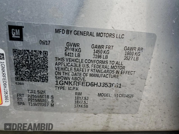 2017 Chevrolet Traverse LS with VIN 1GNKRFED6HJ353661, listed as a Copart auction lot 49621185 with 140,971 mi miles and Clean Title. Bid and sale history available at carsss.com. Image 13.