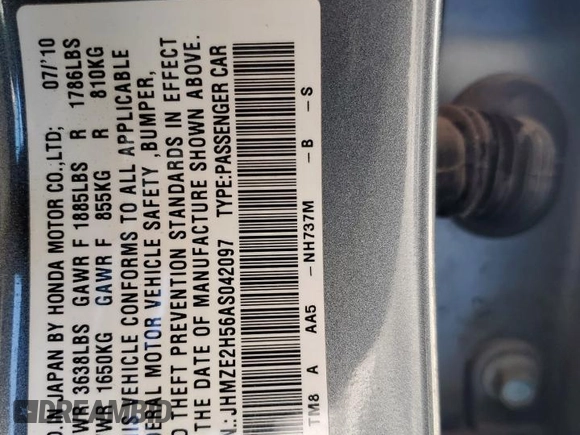 2010 Honda Insight LX with VIN JHMZE2H56AS042097, listed as a Copart auction lot 53972215 with 107,182 mi miles and Salvage Title. Bid and sale history available at DreamBid. Image 12.