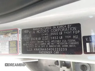 2013 Kia Rio EX with VIN KNADN4A34D6223239, listed as a IAAI auction lot 41683594 with 95,550 mi miles and . Bid and sale history available at DreamBid. Image 9.