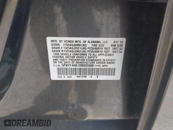 2013 Honda Pilot EX-L with VIN 5FNYF4H61DB035588, listed as a IAAI auction lot 41882840 with 144,243 mi miles and . Bid and sale history available at carsss.com. Image 9.