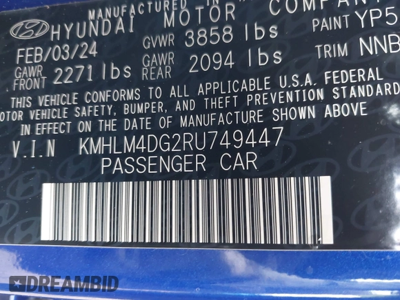 2024 Hyundai Elantra SEL z VIN KMHLM4DG2RU749447, wystawiony jako IAAI lot #42603791 z przebiegiem 9 904 mil mil oraz . Historia ofert i sprzedaży dostępna na DreamBid. Obrazek 9.