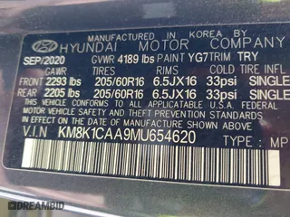2021 Hyundai Kona SE with VIN KM8K1CAA9MU654620, listed as a IAAI auction lot 41773264 with 1 mi miles. Bid and sale history available at carsss.com. Image 9.